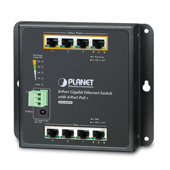 WGS-804HP - Planet 8-Port 10/100/1000T Wall-mounted Gigabit Ethernet Switch with 4-Port PoE+ (-10 to 60 degrees C) 