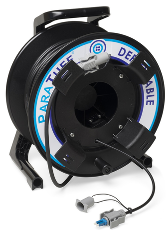ParaTuff® mini Armoured 2 Core Multimode Duplex LSZH Fibre Cable Assembly 50/125 OM3 LC Uniboot on Deployable Reel, includes IP67 Connector Guard 